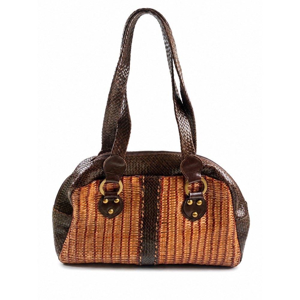 Vintage Y2K Boho Brown Woven Studded Western Hobo Rustic Shoulder Bag Purse
